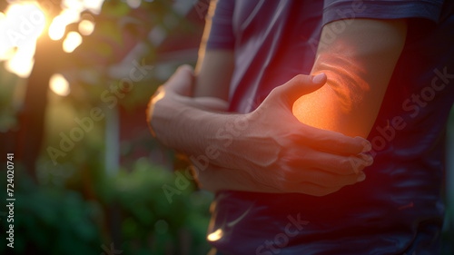 Elbow pain, tendonitis broken bones or inflammation, highlighted glowing area