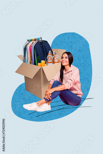 Vertical collage creative poster image large box clothes discount beauty tenderness smile young woman sit colorful background