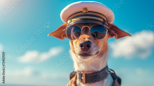 Adorable Dog Wearing a Sailor Hat and Sunglasses © vanilnilnilla