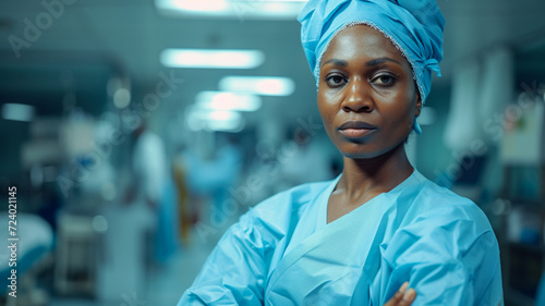 Portrait of african female doctor or nurse in hospital or health clinic