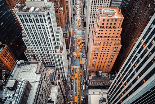 High-angle shot of a bustling New York street with yellow taxis and dense city architecture.