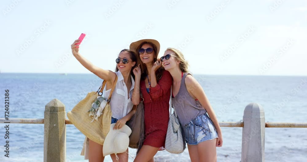 Beach, women and group with selfie, travel and summer with weekend break and adventure. Social media, friends and people with getaway trip or smile with blog and memory with profile picture or Miami Beach, women and group with selfie, travel and summer with weekend break and adventure. Social media, friends and people with getaway trip or smile with blog and memory with profile picture or Miami