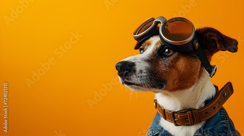 Stylish Dog with Goggles and Jeans on Orange Background © vanilnilnilla