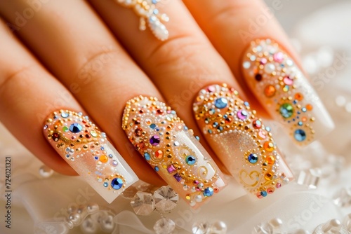 Beautifully manicured nails with luxurious gemstones and shiny rhinestones, exemplifying modern nail art fashion.