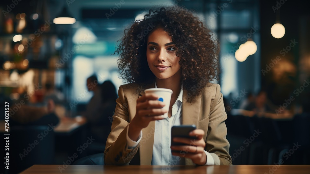Working life style, pretty and confident woman working in in co-working space or coffee shop. AI generated, copy space for text Working life style, pretty and confident woman working in in co-working space or coffee shop. AI generated, copy space for text