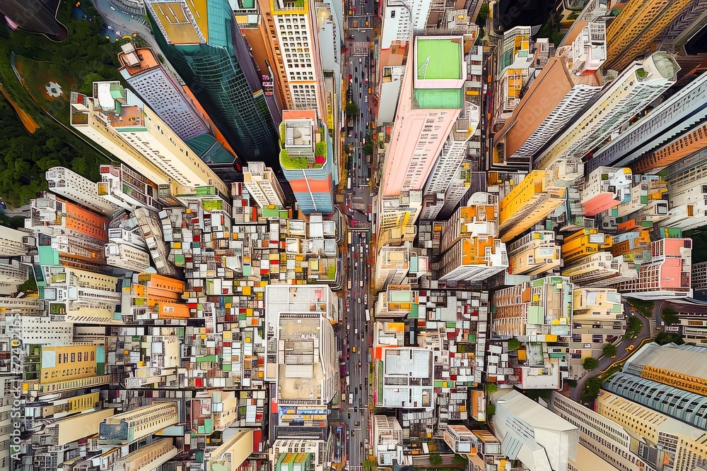 A bird's eye view of a densely packed urban cityscape with a mix of commercial and residential buildings.
