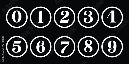 Simple round numbers symbol set. Black isolated font in vector with black background.