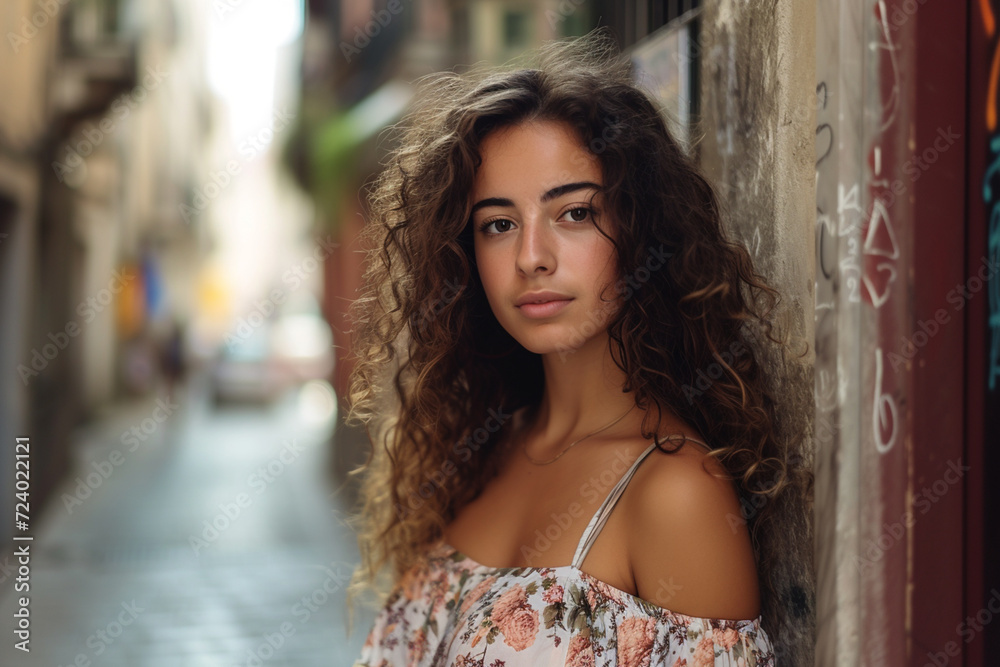 Fototapeta premium Urban Elegance of Young Woman: Portrait in Curly Hair, Floral Dress and Summer Fashion
