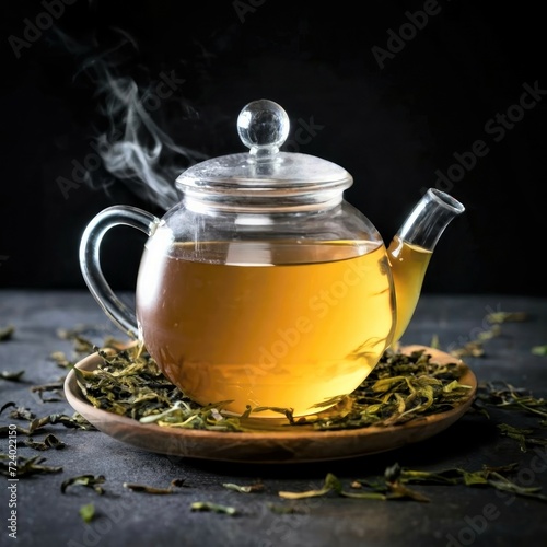 Cup of fresh green tea with green leaves rising above, tea aromatic qualities concept with a tea garden in the background
