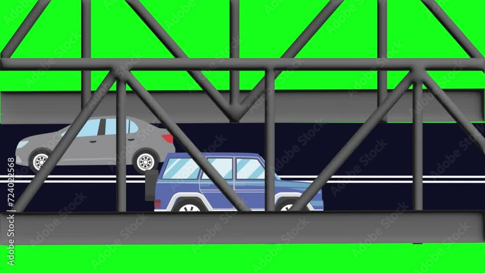 Cartoon flat animation of cars running on the bridge green screen chroma key Cartoon flat animation of cars running on the bridge green screen chroma key