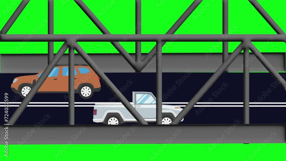Cartoon flat animation of cars running on the bridge green screen chroma key Cartoon flat animation of cars running on the bridge green screen chroma key