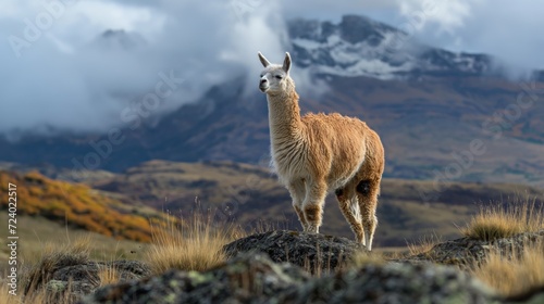 Llama Overlooking Rocky Landscape