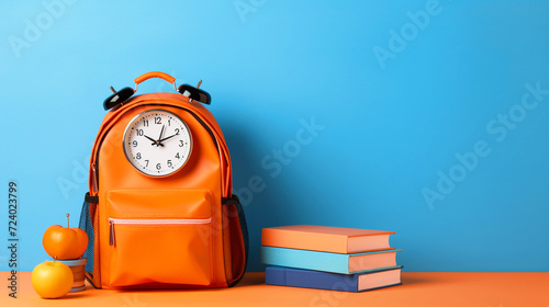 School bag with school supplies on isolated blue background - ai generative photo