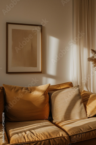 The soft glow of afternoon light illuminates a living room adorned with golden pillows and textured wall art, creating a calm and luxurious space