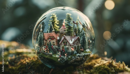 Intricate miniature village inside a glass ball  photographed in high definition  depicting tiny houses  trees  and festive decorations