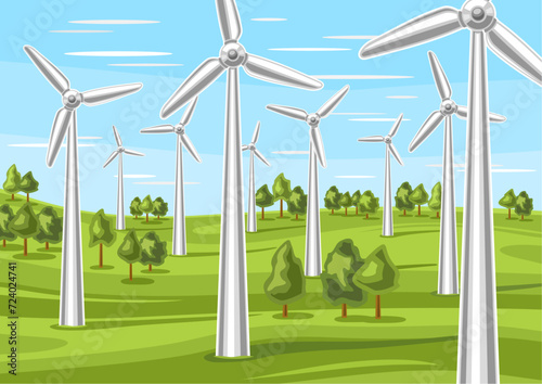 Vector illustration of Wind Power Farm, horizontal poster with cartoon design wind energy field on blue cloudy sky background, futuristic landscape with rotation wind power propellers on green hills