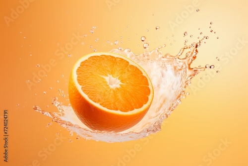 Fresh ripe orange with water splashes isolated on orange background