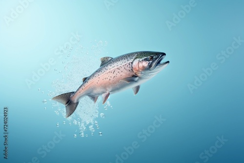Salmon fish and water splashes isolated on blue background