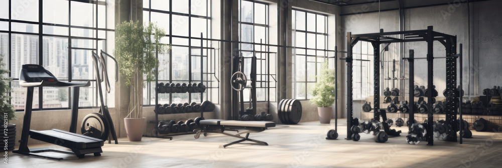 Modern Light-Filled Gym Featuring a Rack with Barbells of Various Weights