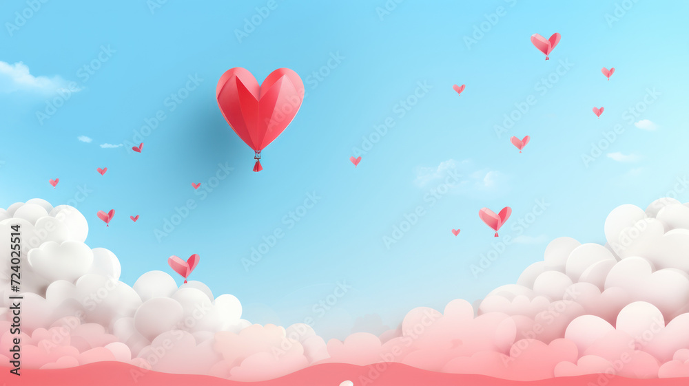 Paper art of heart balloon flying and scattering little heart in the sky