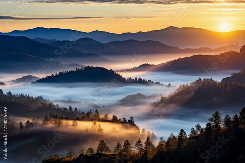 Sunrise in misty foggy mountains and forest. Beautiful landscape