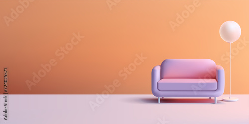 Modern realistic sofa and floor lamp 3D. For interior concepts, studios, recreation, and leisure. Banner template. Vector