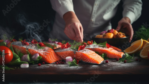 Sea cuisine, Professional cook prepares pieces red fish, salmon, trout with vegetables.Cooking seafood, healthy vegetarian food food dark background