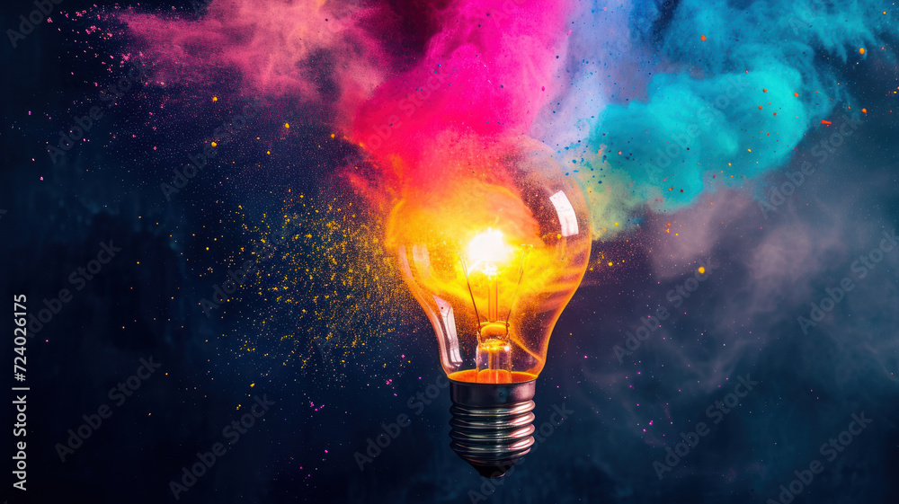 Creative concept light bulb broken explodes with colorful powder colors on a light dark background - obrazy, fototapety, plakaty 