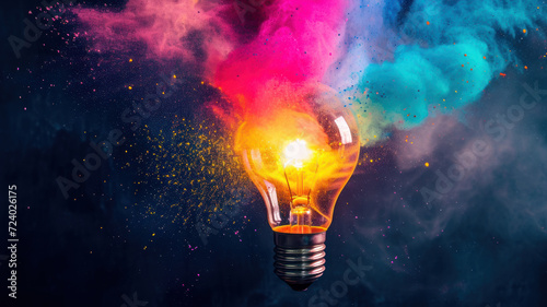 Creative concept light bulb broken explodes with colorful powder colors on a light dark background photo
