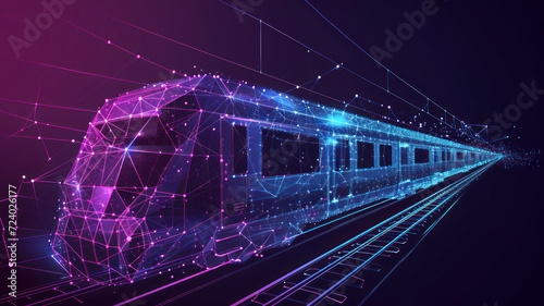 Digital low poly wireframe futuristic high-speed train. Future logistics modern technology, transport concept Abstract 3d blue purple connected dots color mesh