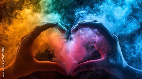 Two hands forming a heart shape with smoke of different colors © Adobe Contributor