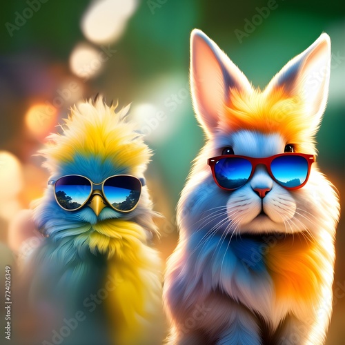 Dynamic Duo: Cool Blue-and-Yellow Chicken and Bunny in Sunglasses with Bokeh Backdrop