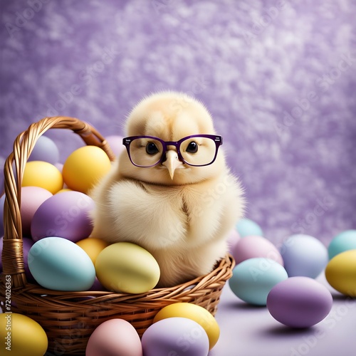 Chicken Sitting in a Basket Full of Painted Easter Eggs, Pastel Colors.