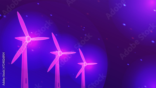 Wind turbine and solar cell technology low poly wireframe on purple background. renewable energy sources digital concept. Vector illustration fantastic hi tech design.