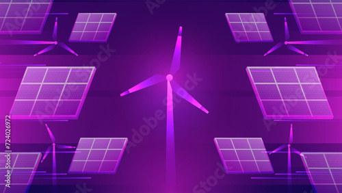 Wind turbine and solar cell technology low poly wireframe on purple background. renewable energy sources digital concept. Vector illustration fantastic hi tech design.