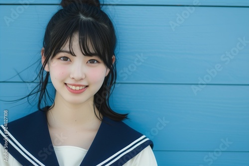 セーラー服を着た笑顔の日本人の女子高生（青背景・卒業・青春・高校生） photo