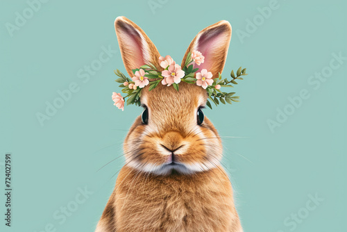 Beautiful brown Easter bunny with a wreath of spring flowers on a pastel blue background. Postcard design. Copy space.
