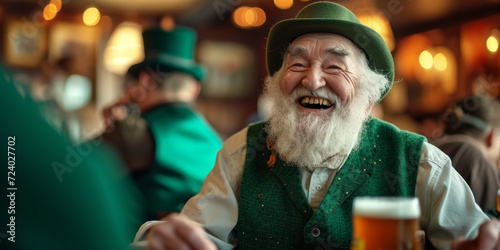 Beaming Senior in St. Patrick's Day Celebration. Radiant elderly man toasting with beer, immersed in St. Patrick's joy.
