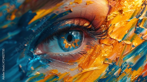 Close-up of a woman's blue eye with yellow and blue oil paint on her face