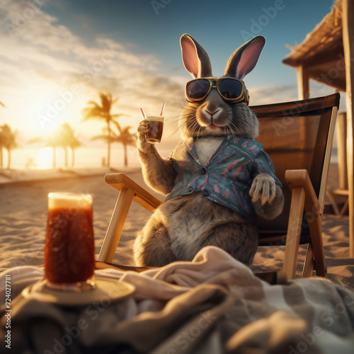 Cute rabbit in sunglasses on beach at sunset