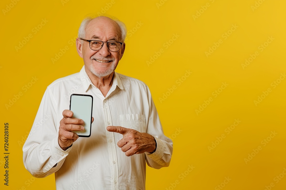 Happy older senior business man wearing shirt holding smartphone pointing at mock up screen mobile display on yellow background Happy older senior business man wearing shirt holding smartphone pointing at mock up screen mobile display on yellow background