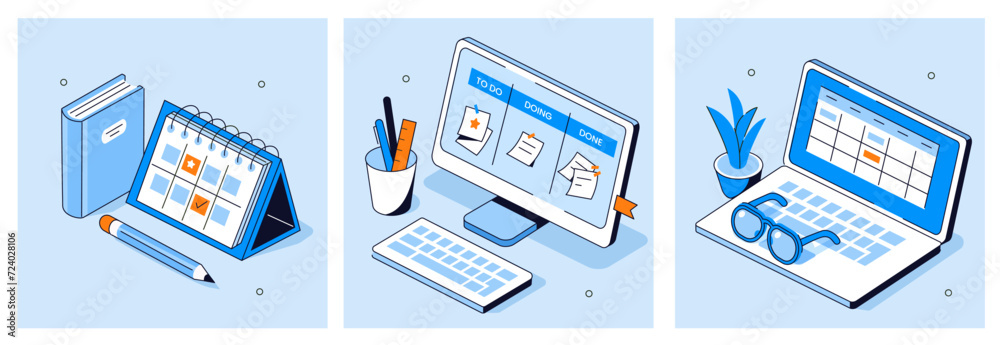 Schedule management, business and organization concept set. Office desk with calendar, laptop and computer with kanban board, to do list and tasks on screen. Flat line isometric vector illustration. Schedule management, business and organization concept set. Office desk with calendar, laptop and computer with kanban board, to do list and tasks on screen. Flat line isometric vector illustration.