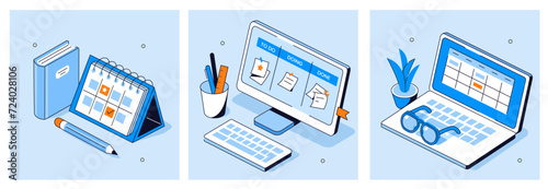 Schedule management, business and organization concept set. Office desk with calendar, laptop and computer with kanban board, to do list and tasks on screen.  Flat line isometric vector illustration.