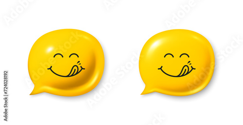 Yummy smile 3d emoticon with tongue lick mouth. Tasty food eating emoji face in 3d speech bubble. Delicious cartoon emotion with tongue. Smile face speech bubble design. Savory gourmet. Yummy vector