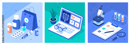 Online medicine, pharmacy and laboratory concept set. Pills, bottles, laptop with patients information and medical test results standing at the desk. Flat isometric vector illustration.