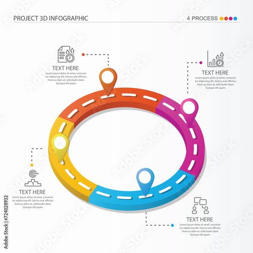 3D Road way infographic circle of 4 steps and business icons for finance process steps.