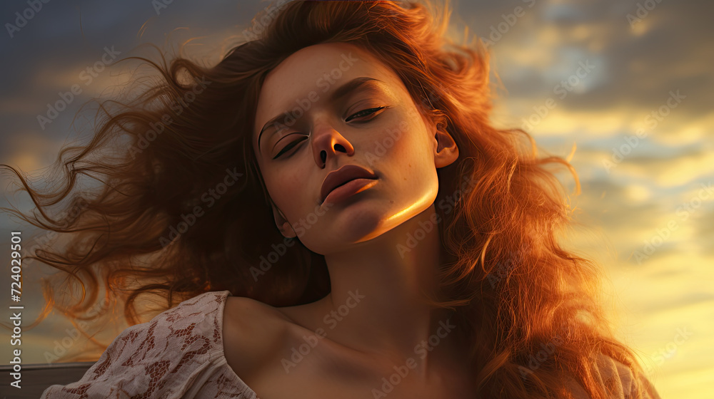 Portrait of a young woman on a beach at sunset Portrait of a young woman on a beach at sunset