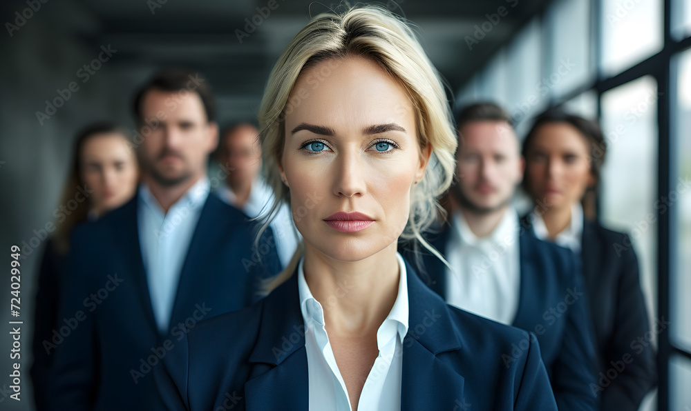 Smiling business woman leader standing in office at team meeting, business woman standing in office with work colleagues. Confident woman in formal wear stands at her workplace.. Smiling business woman leader standing in office at team meeting, business woman standing in office with work colleagues. Confident woman in formal wear stands at her workplace..