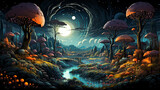 landscape in the style of magical surrealism, giant mushrooms against the backdrop of the moon, night forest