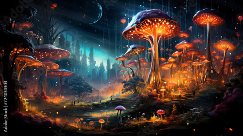 Surreal landscape giant mushrooms night forest photo